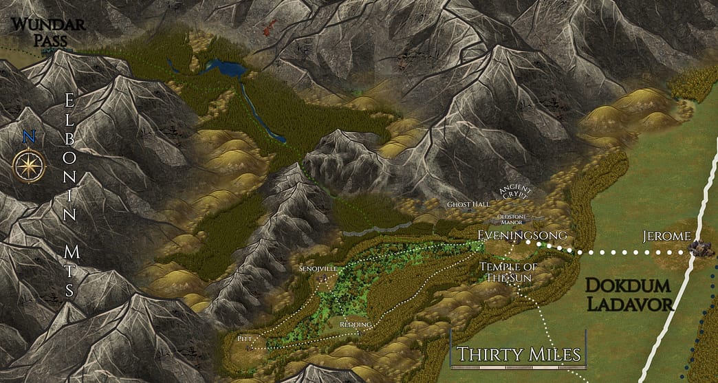 The Village of Eveningsong and nearby area.