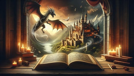 A view of a dragon flying above a magic tome with a castle in the distance.